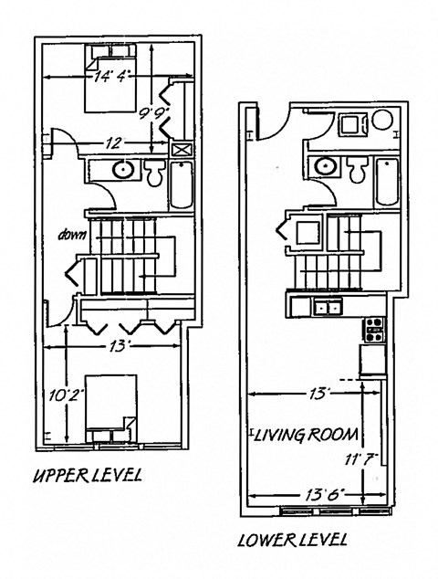 Floor plan for 2 beds, 2 baths, 960 sqft